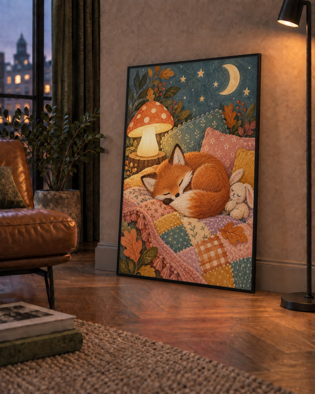 Uyuyan Tilki ve Gece Manzaralı Sıcak Pastel Poster — çerçeveli hâliyle bir ev duvarında