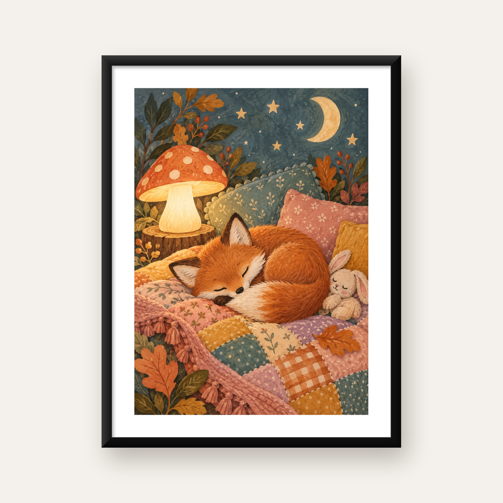 Uyuyan Tilki ve Gece Manzaralı Sıcak Pastel Poster — Dikey baskı, beyaz paspartulu