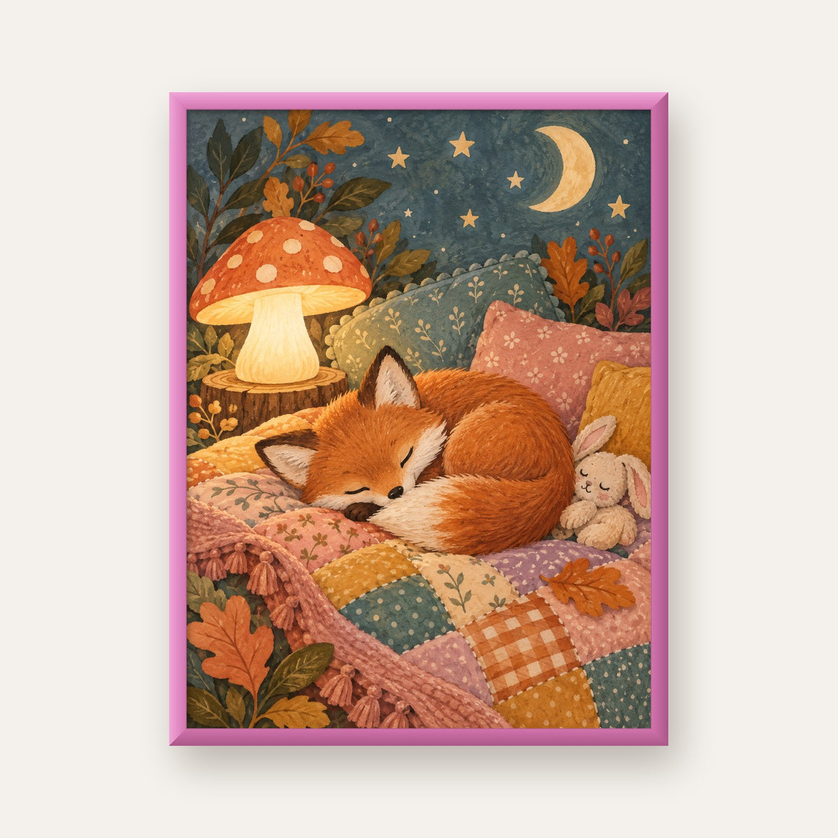Uyuyan Tilki ve Gece Manzaralı Sıcak Pastel Poster — pembe çerçeveli