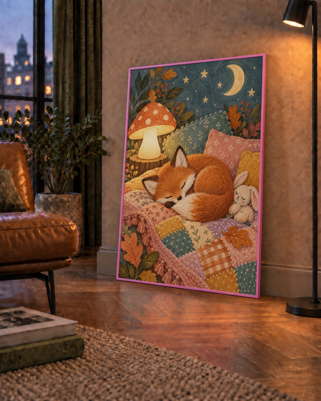 Uyuyan Tilki ve Gece Manzaralı Sıcak Pastel Poster — çerçeveli hâliyle bir ev duvarında