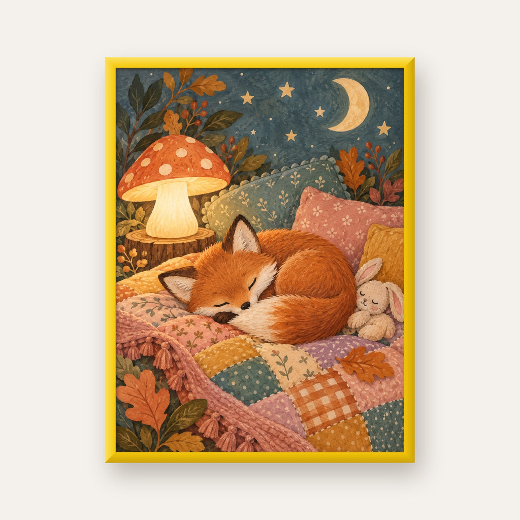 Uyuyan Tilki ve Gece Manzaralı Sıcak Pastel Poster — sarı çerçeveli