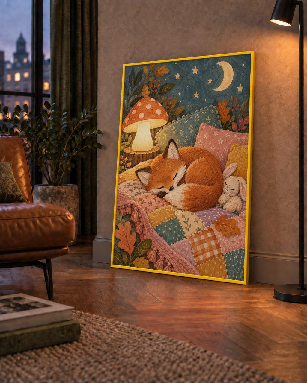 Uyuyan Tilki ve Gece Manzaralı Sıcak Pastel Poster — çerçeveli hâliyle bir ev duvarında