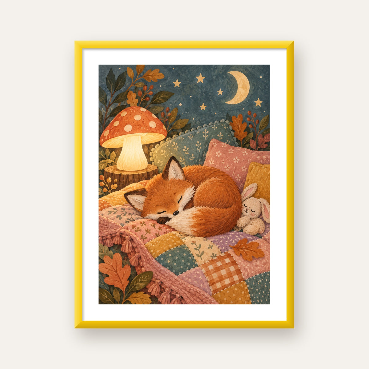 Uyuyan Tilki ve Gece Manzaralı Sıcak Pastel Poster — sarı çerçeveli paspartulu