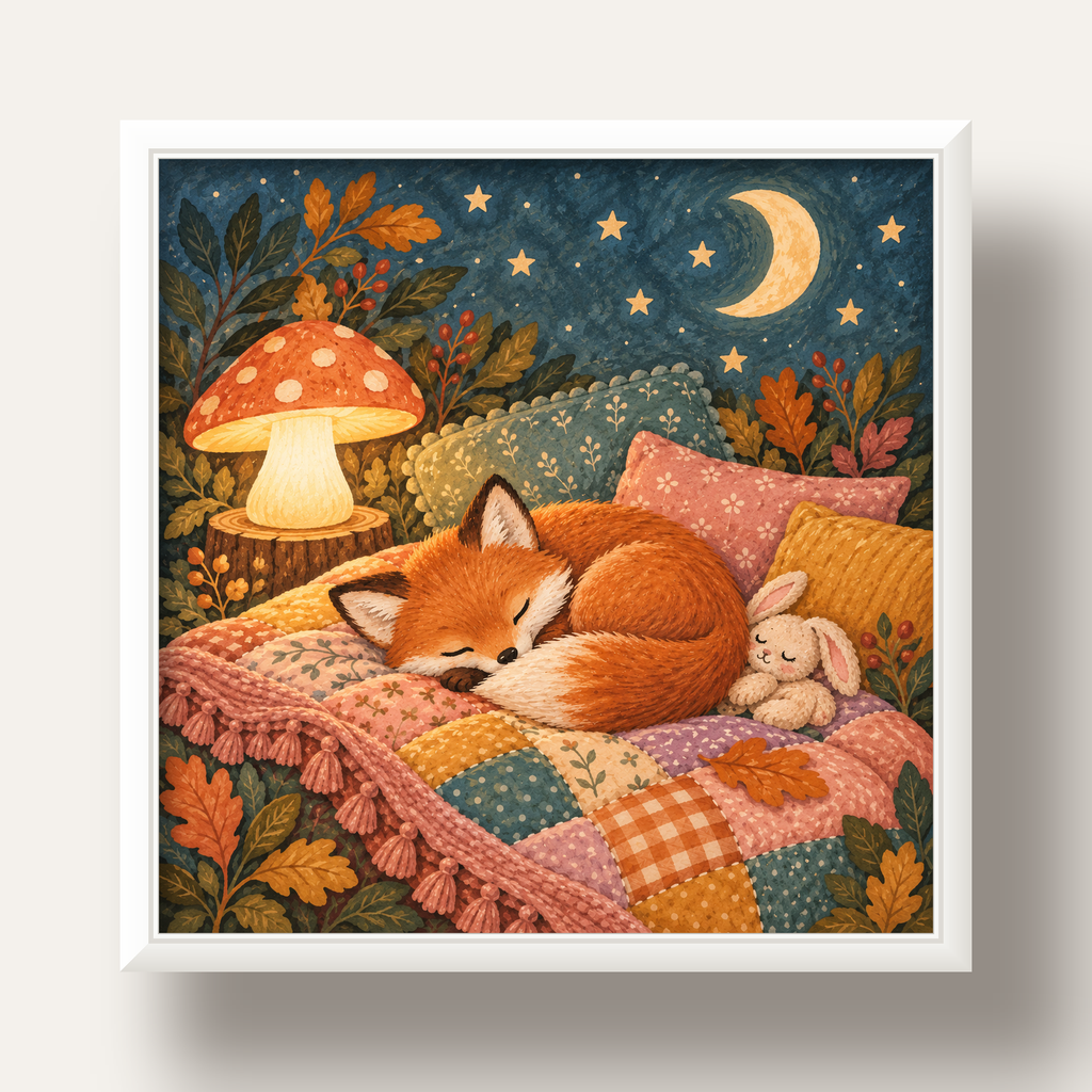 Uyuyan Tilki ve Gece Manzaralı Sıcak Pastel Poster — beyaz derin çerçeveli