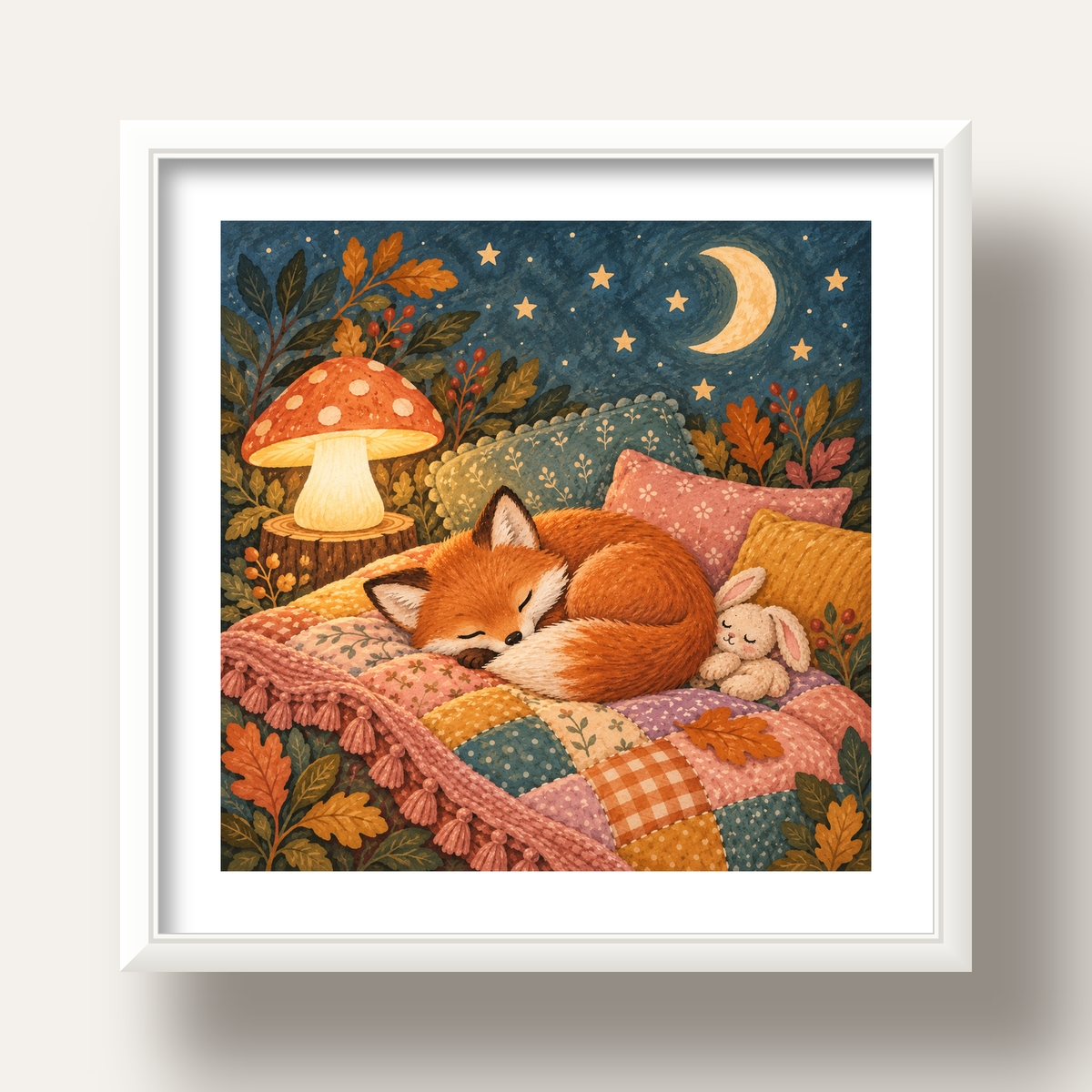 Uyuyan Tilki ve Gece Manzaralı Sıcak Pastel Poster — beyaz derin çerçeveli paspartulu