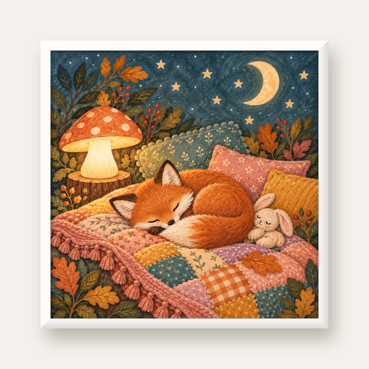 Uyuyan Tilki ve Gece Manzaralı Sıcak Pastel Poster — beyaz çerçeveli kare poster