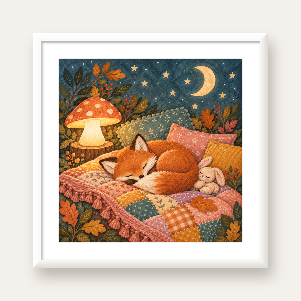 Uyuyan Tilki ve Gece Manzaralı Sıcak Pastel Poster — beyaz çerçeveli kare poster