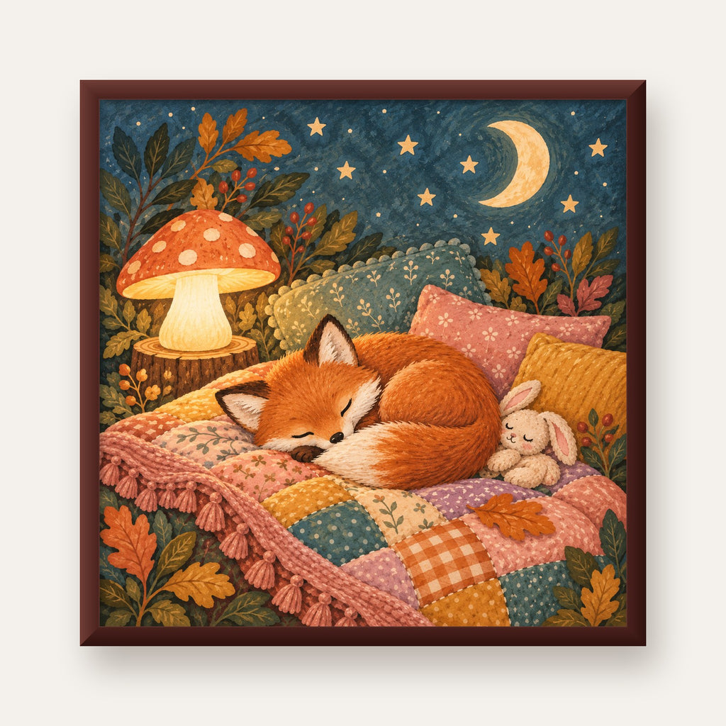 Uyuyan Tilki ve Gece Manzaralı Sıcak Pastel Poster — ceviz çerçeveli