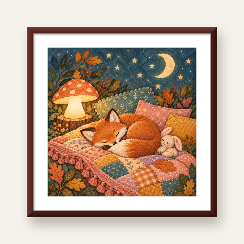 Uyuyan Tilki ve Gece Manzaralı Sıcak Pastel Poster — ceviz çerçeveli paspartulu