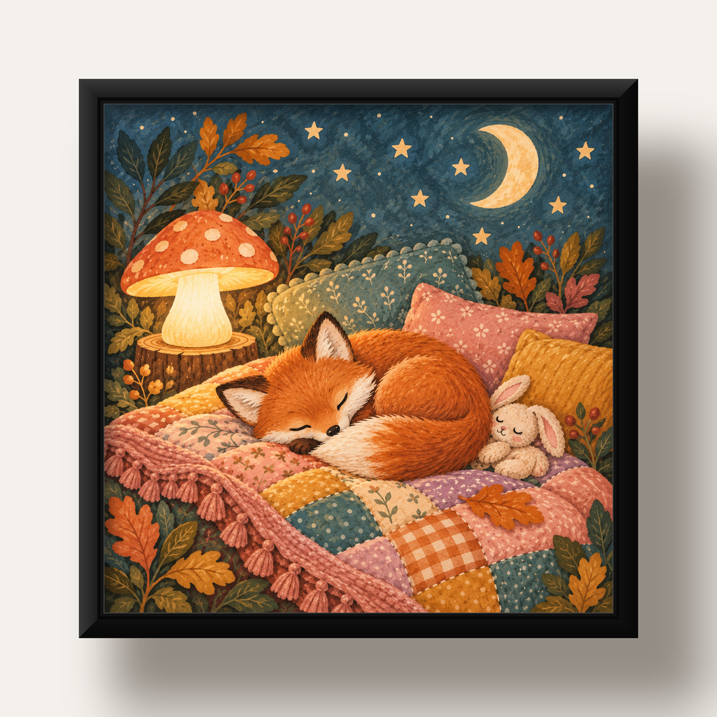 Uyuyan Tilki ve Gece Manzaralı Sıcak Pastel Poster — siyah derin çerçeveli