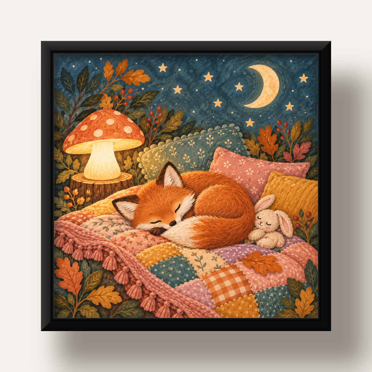 Uyuyan Tilki ve Gece Manzaralı Sıcak Pastel Poster — siyah derin çerçeveli