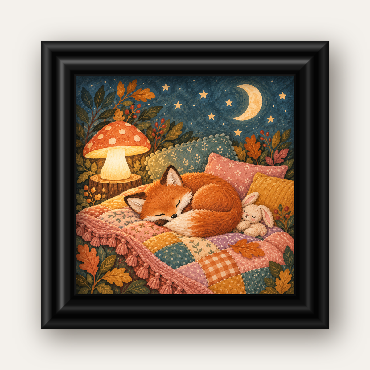 Uyuyan Tilki ve Gece Manzaralı Sıcak Pastel Poster — siyah galeri çerçeveli