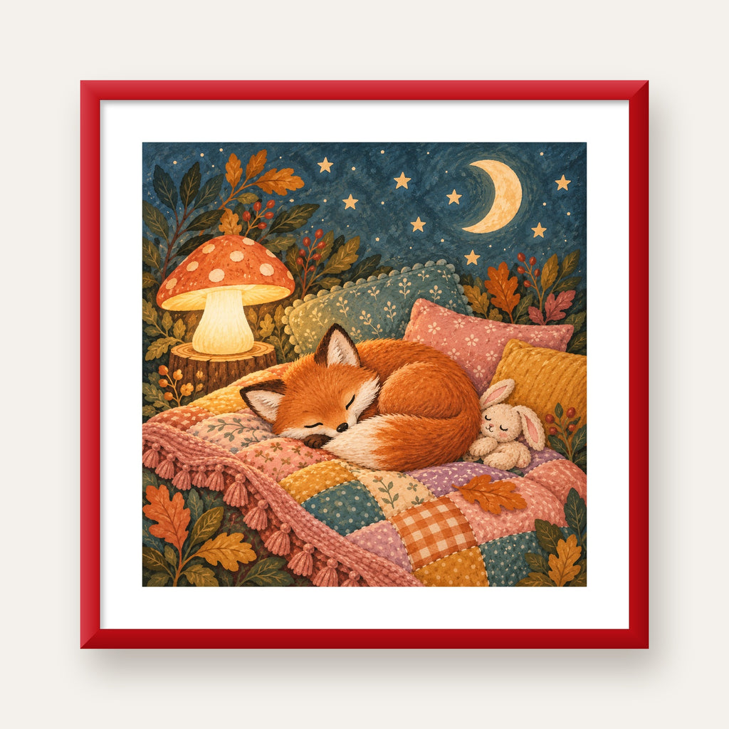 Uyuyan Tilki ve Gece Manzaralı Sıcak Pastel Poster — kırmızı çerçeveli paspartulu