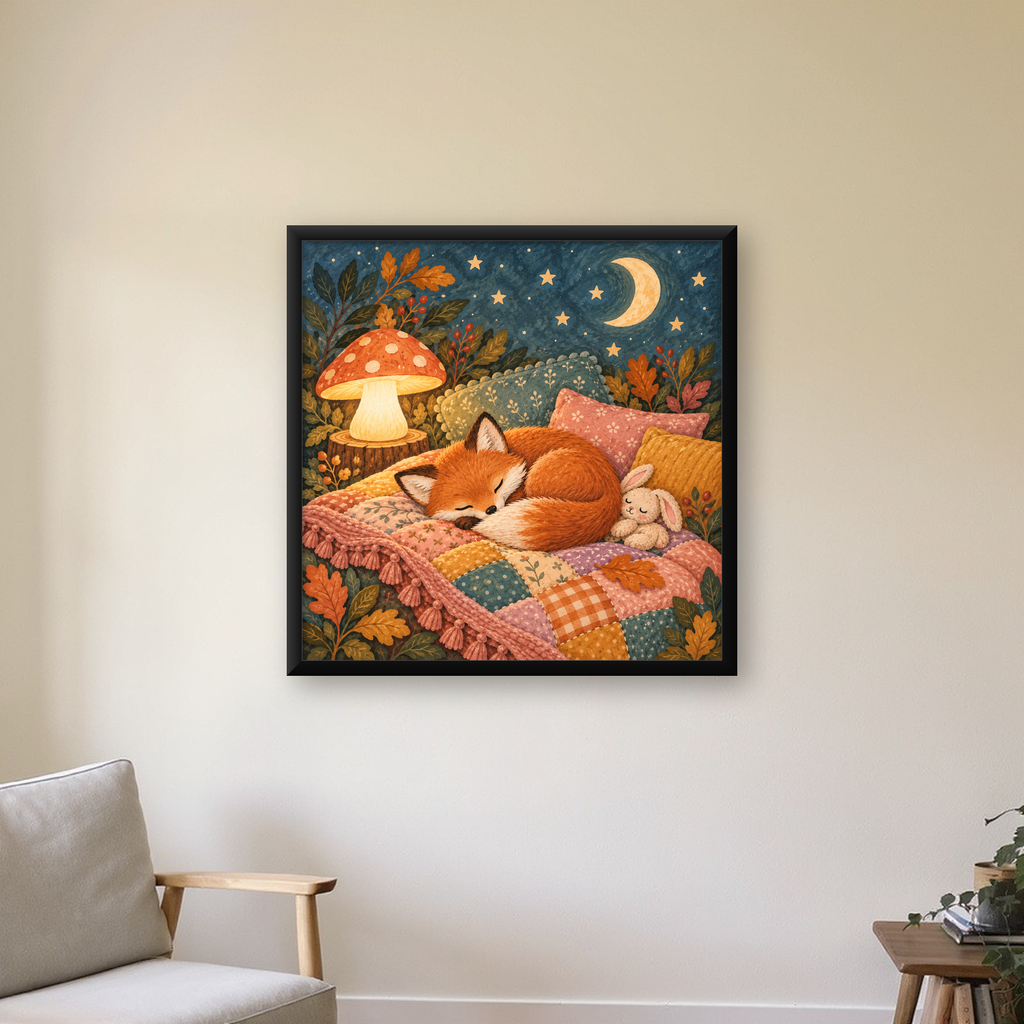 Uyuyan Tilki ve Gece Manzaralı Sıcak Pastel Poster — Kare baskı, çerçeveli hâliyle bir ev duvarında