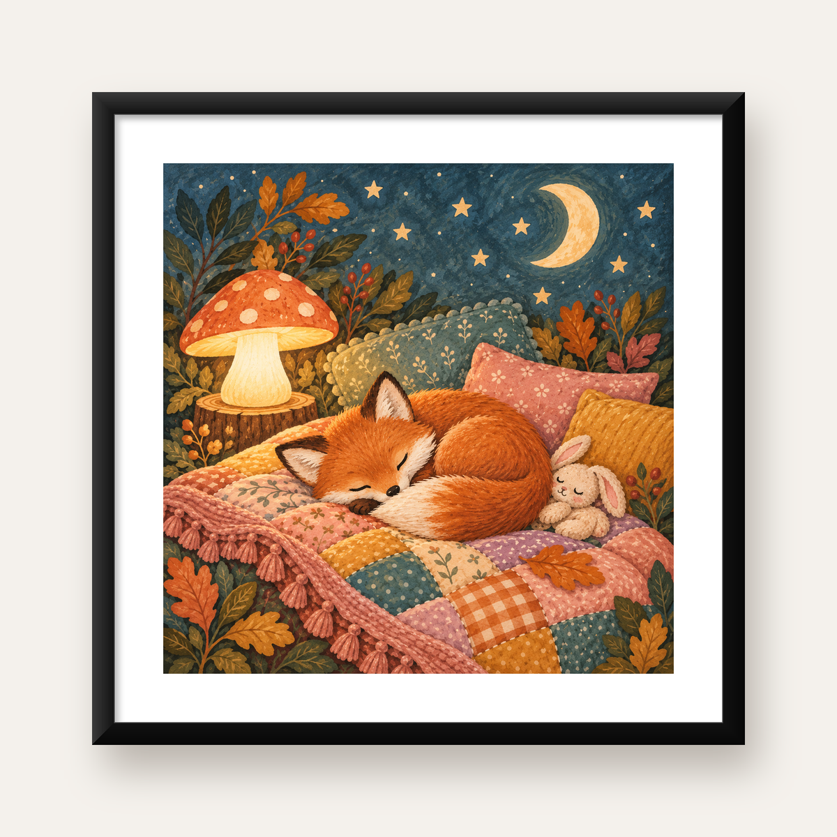 Uyuyan Tilki ve Gece Manzaralı Sıcak Pastel Poster — Kare baskı, beyaz paspartulu