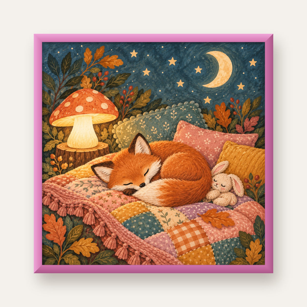 Uyuyan Tilki ve Gece Manzaralı Sıcak Pastel Poster — pembe çerçeveli