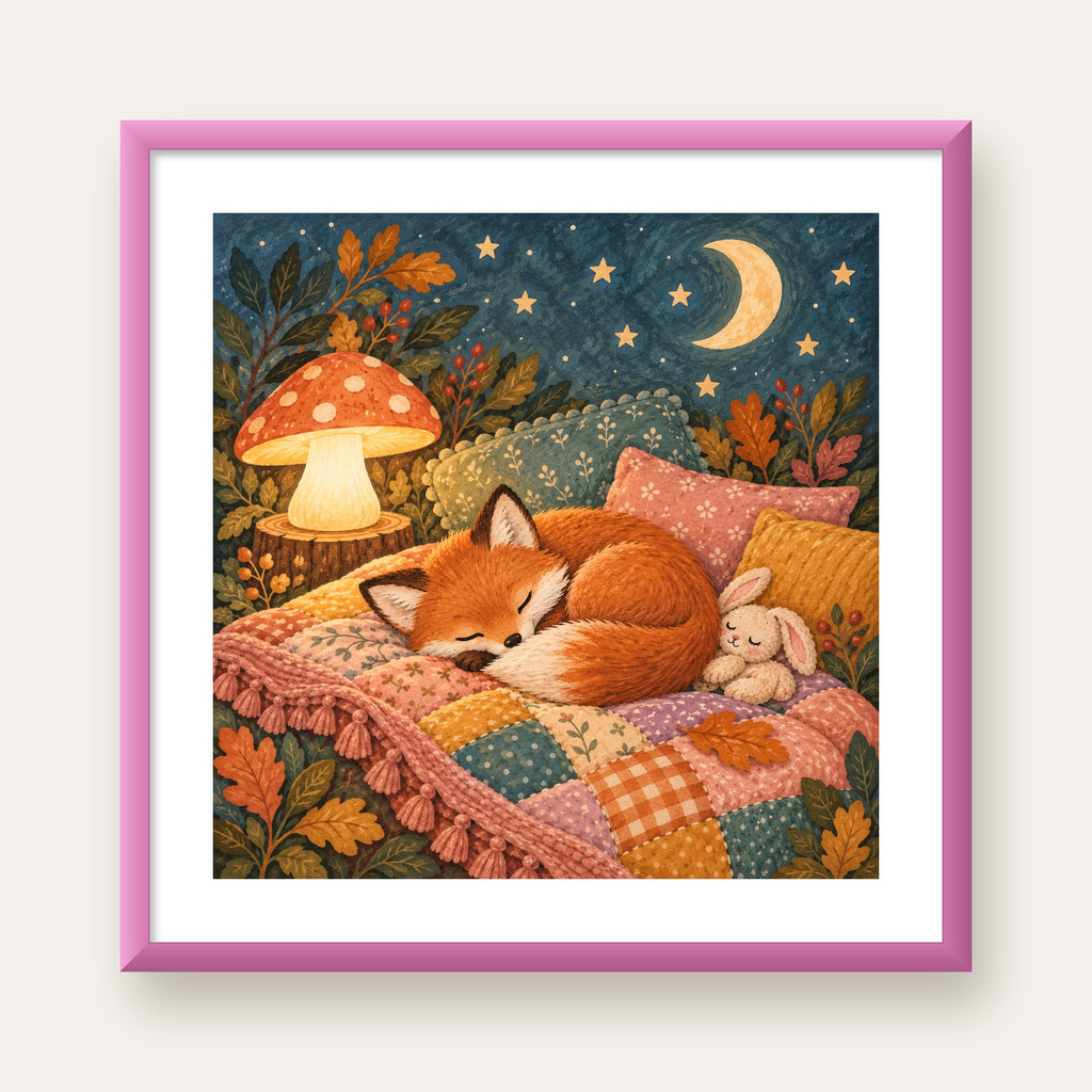 Uyuyan Tilki ve Gece Manzaralı Sıcak Pastel Poster — pembe çerçeveli paspartulu