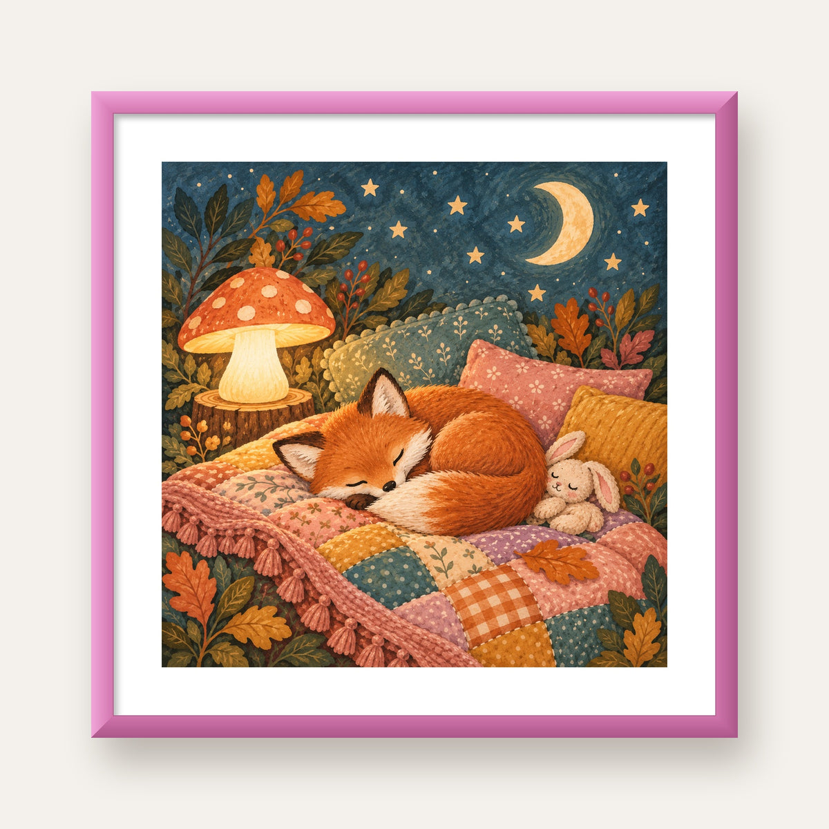 Uyuyan Tilki ve Gece Manzaralı Sıcak Pastel Poster — pembe çerçeveli paspartulu