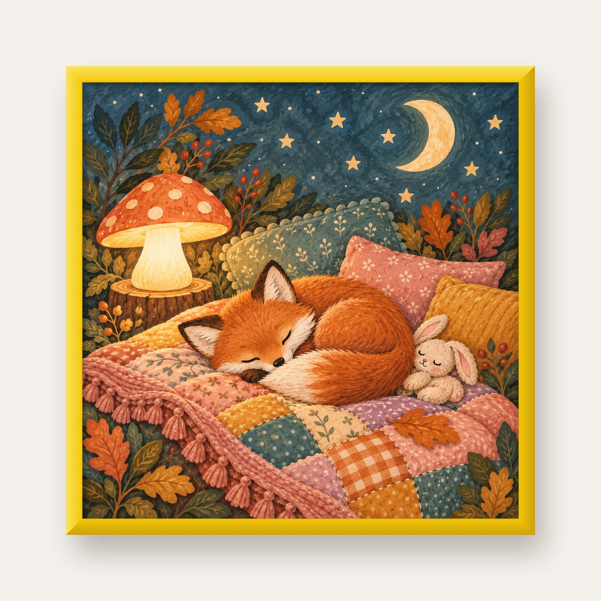 Uyuyan Tilki ve Gece Manzaralı Sıcak Pastel Poster — sarı çerçeveli