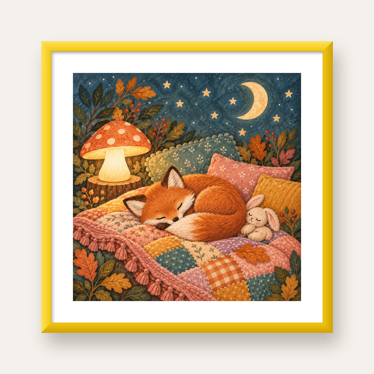Uyuyan Tilki ve Gece Manzaralı Sıcak Pastel Poster — sarı çerçeveli paspartulu