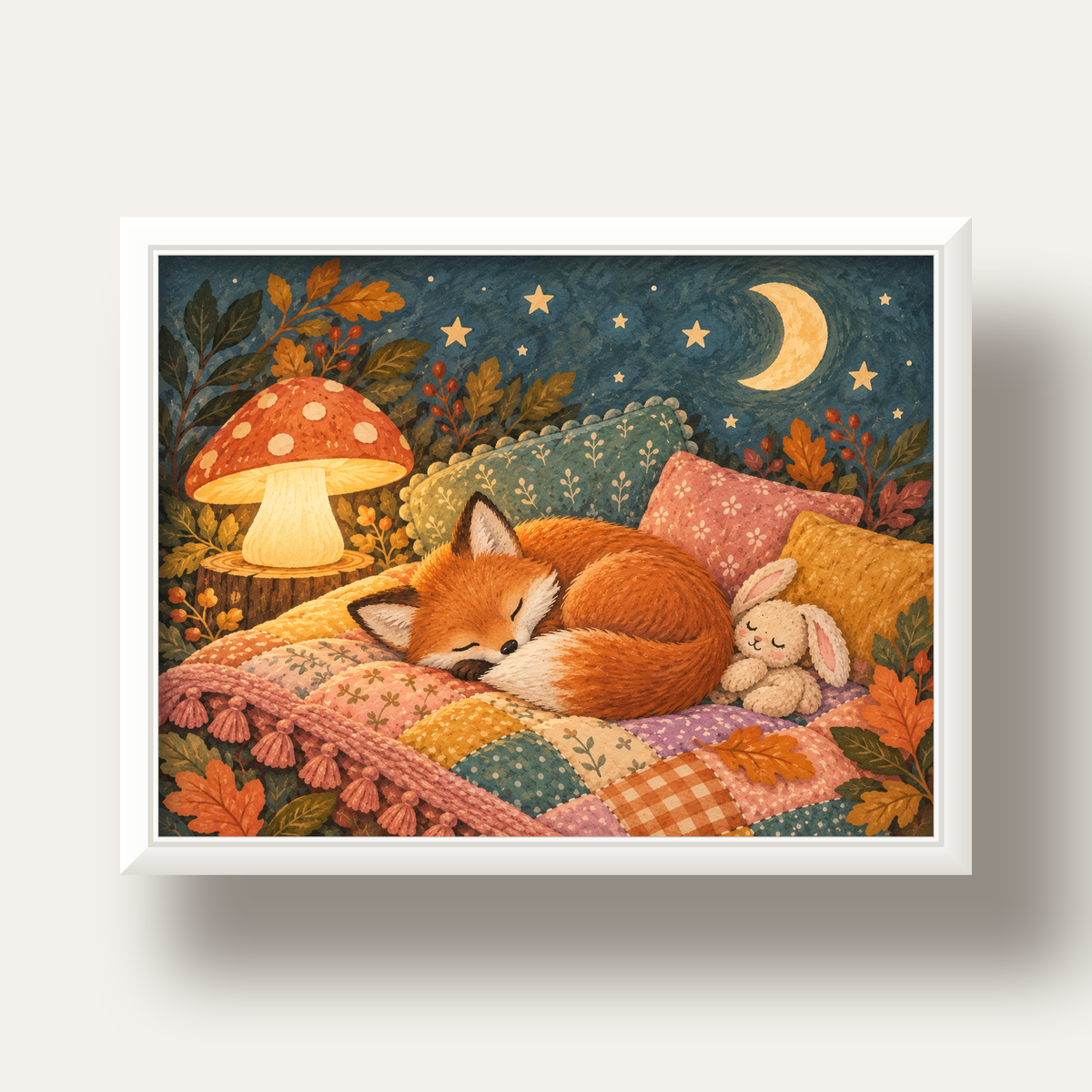 Uyuyan Tilki ve Gece Manzaralı Sıcak Pastel Poster — beyaz derin çerçeveli