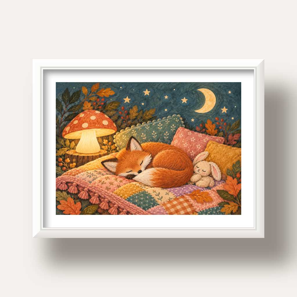 Uyuyan Tilki ve Gece Manzaralı Sıcak Pastel Poster — beyaz derin çerçeveli paspartulu