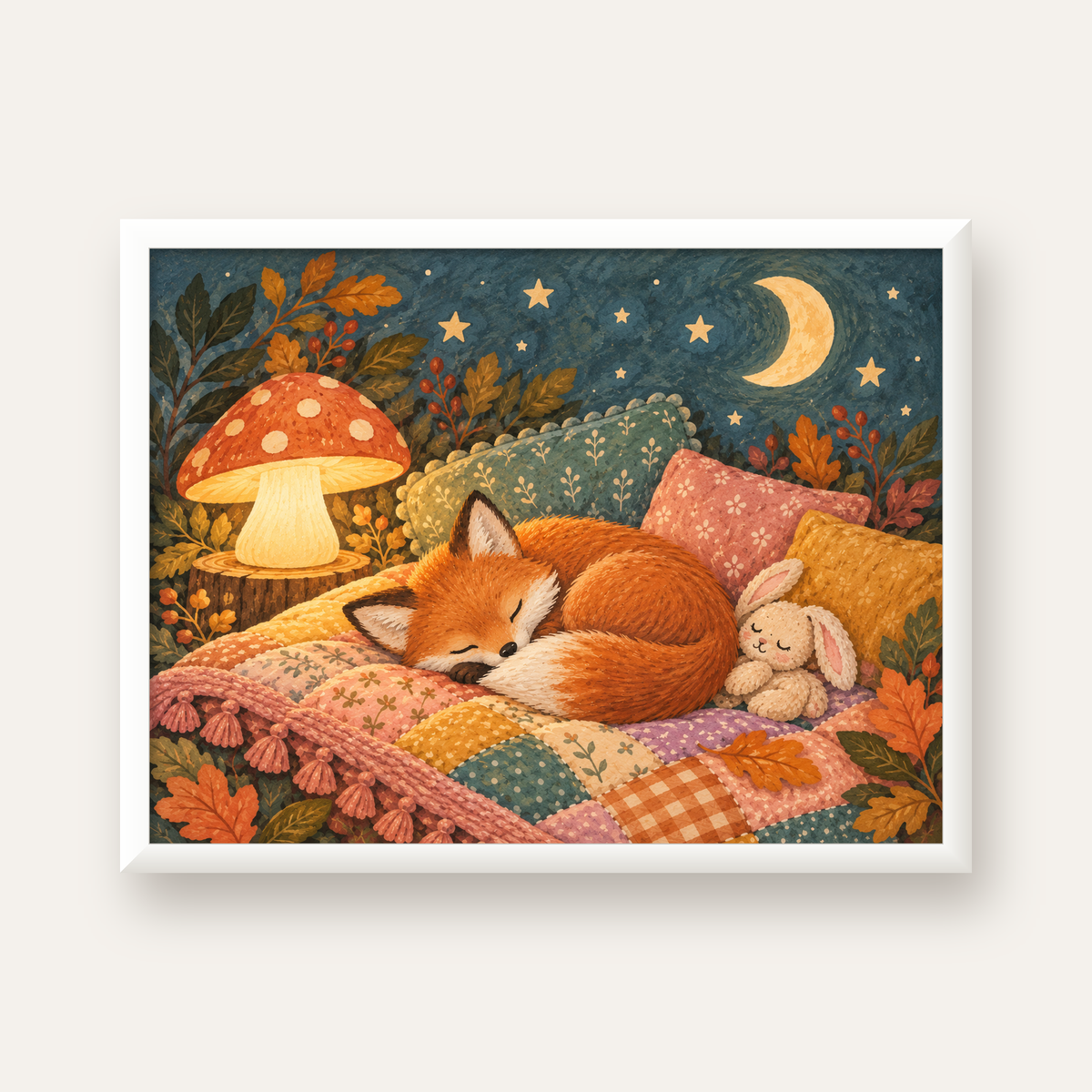 Uyuyan Tilki ve Gece Manzaralı Sıcak Pastel Poster — beyaz çerçeveli yatay poster