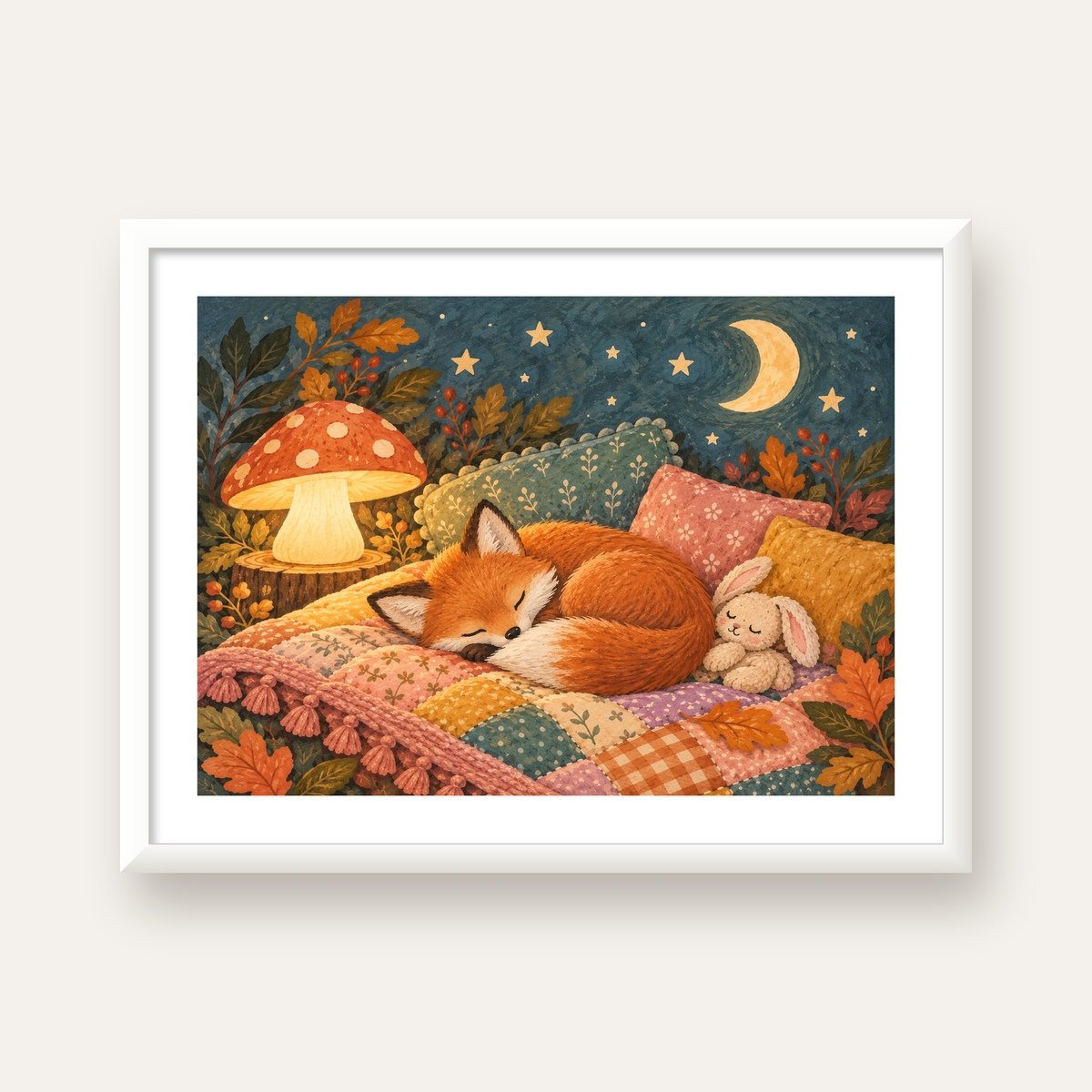 Uyuyan Tilki ve Gece Manzaralı Sıcak Pastel Poster — beyaz çerçeveli yatay poster