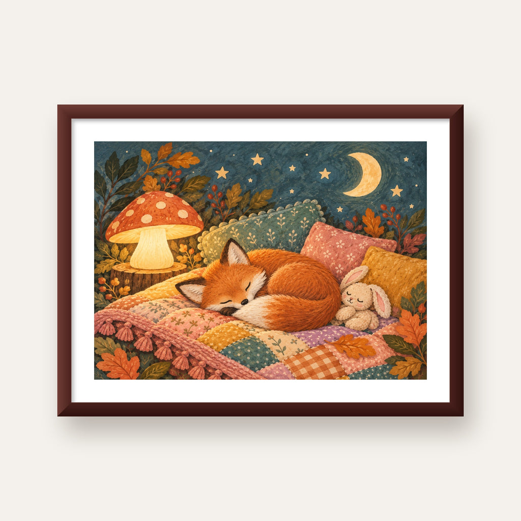 Uyuyan Tilki ve Gece Manzaralı Sıcak Pastel Poster — ceviz çerçeveli paspartulu