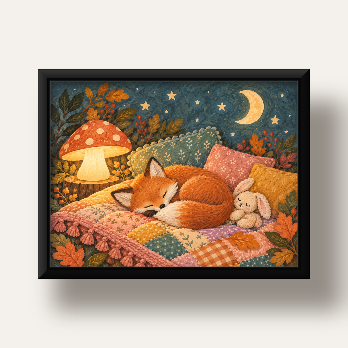Uyuyan Tilki ve Gece Manzaralı Sıcak Pastel Poster — siyah derin çerçeveli