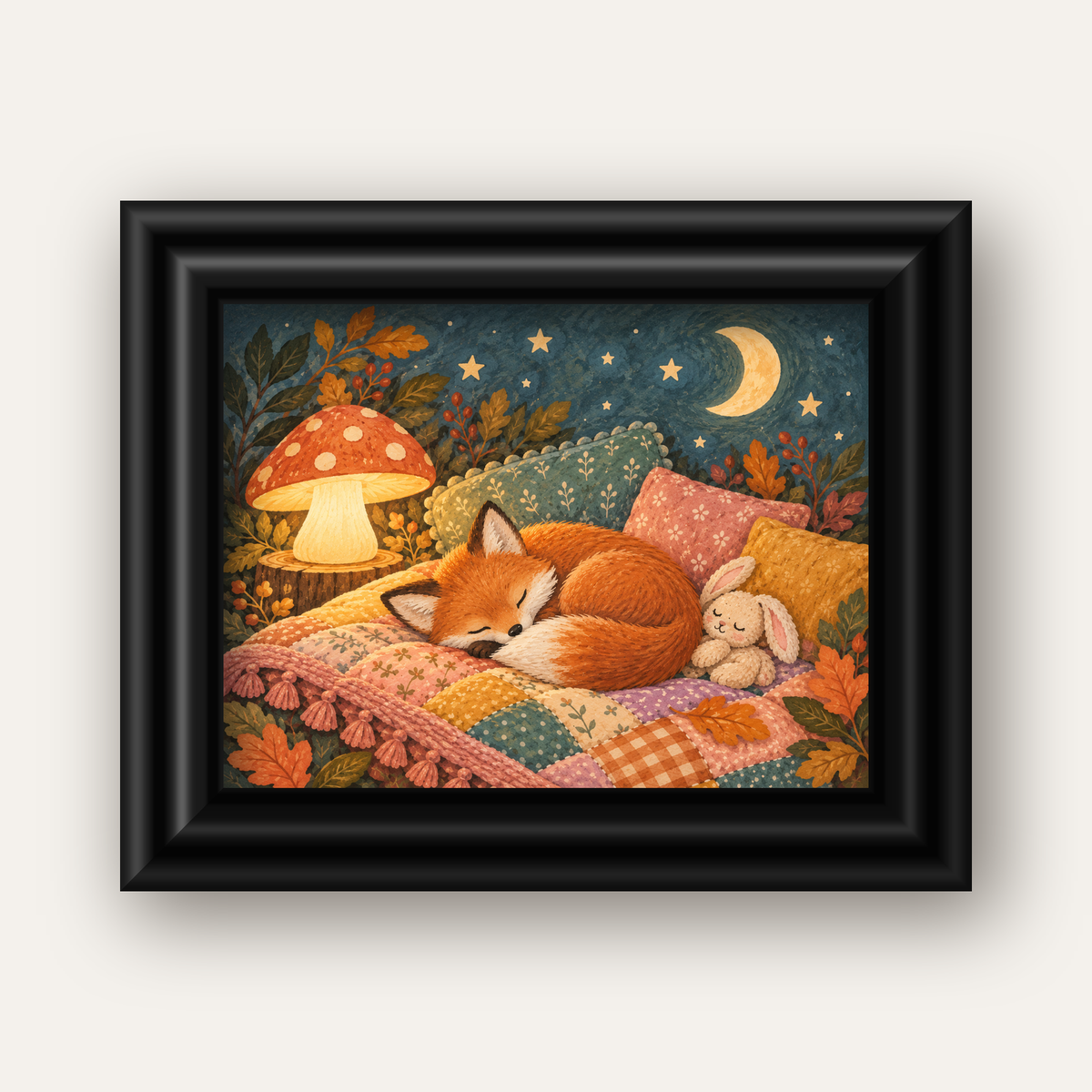 Uyuyan Tilki ve Gece Manzaralı Sıcak Pastel Poster — siyah galeri çerçeveli