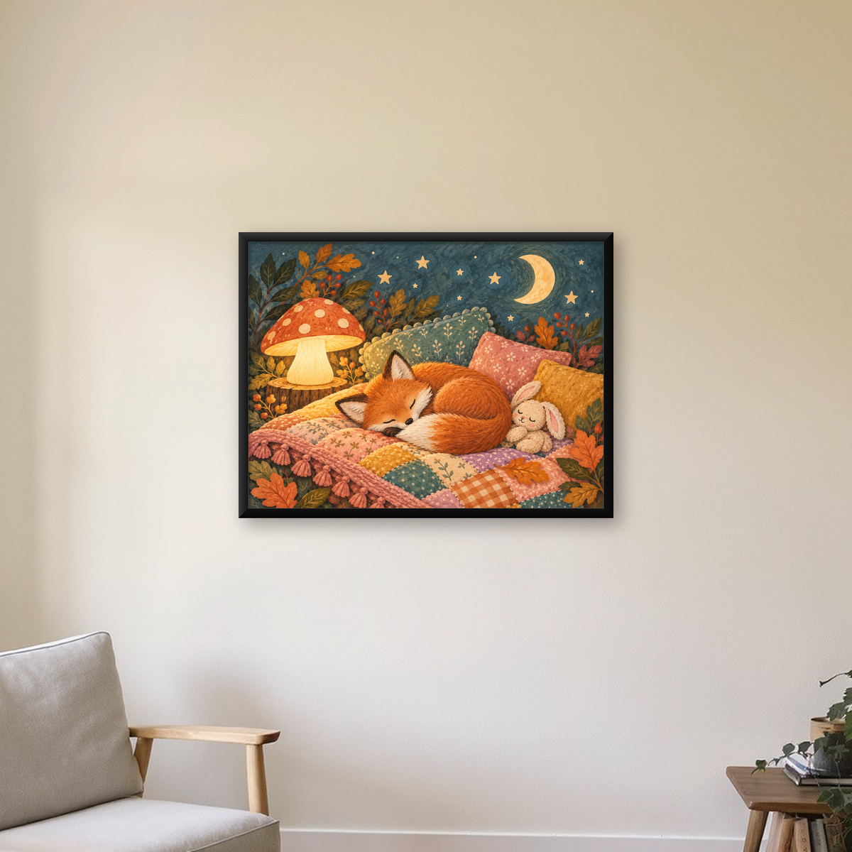Uyuyan Tilki ve Gece Manzaralı Sıcak Pastel Poster — Yatay baskı, çerçeveli hâliyle bir ev duvarında