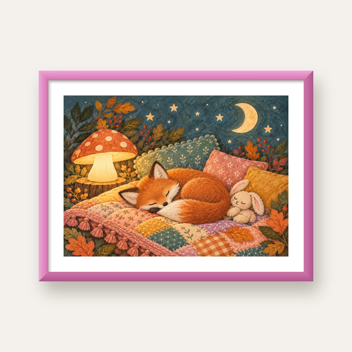 Uyuyan Tilki ve Gece Manzaralı Sıcak Pastel Poster — pembe çerçeveli paspartulu