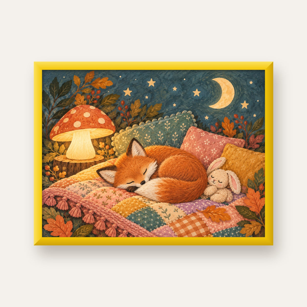 Uyuyan Tilki ve Gece Manzaralı Sıcak Pastel Poster — sarı çerçeveli