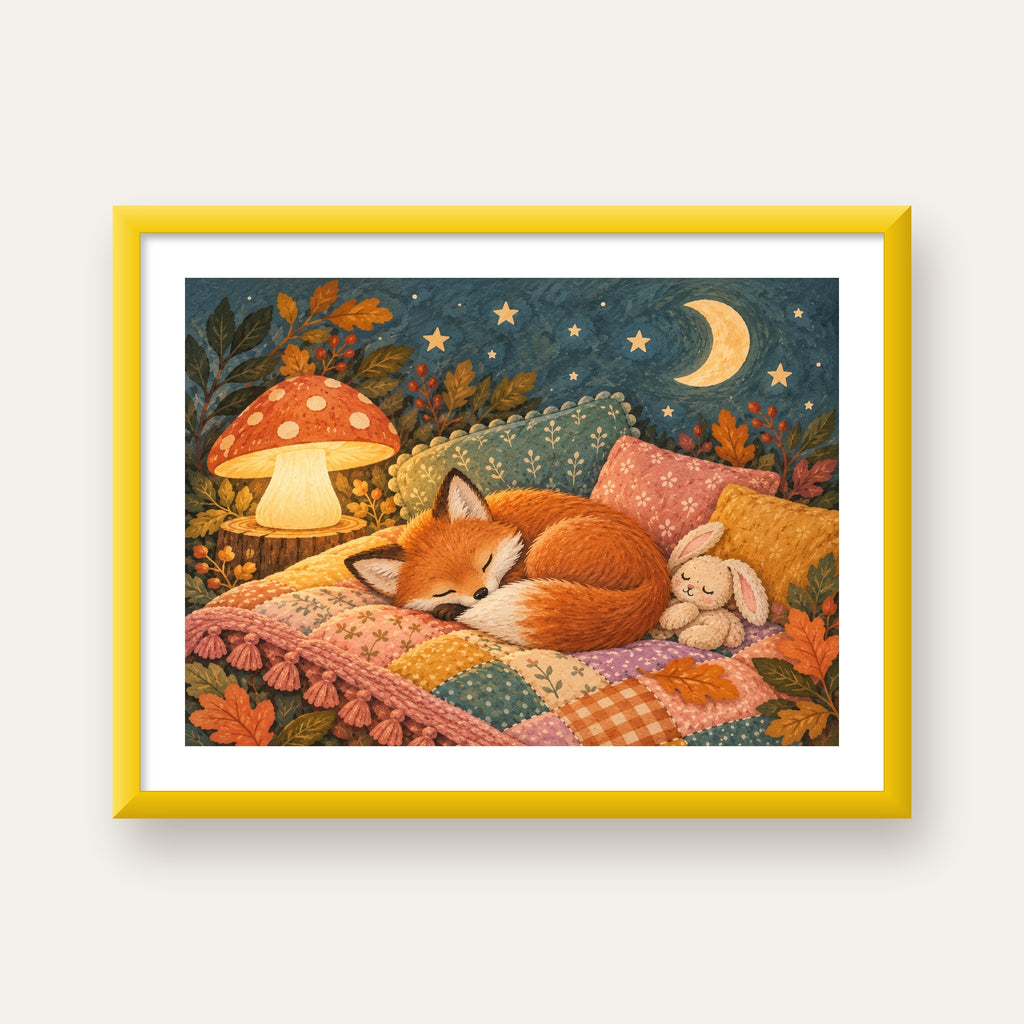 Uyuyan Tilki ve Gece Manzaralı Sıcak Pastel Poster — sarı çerçeveli paspartulu