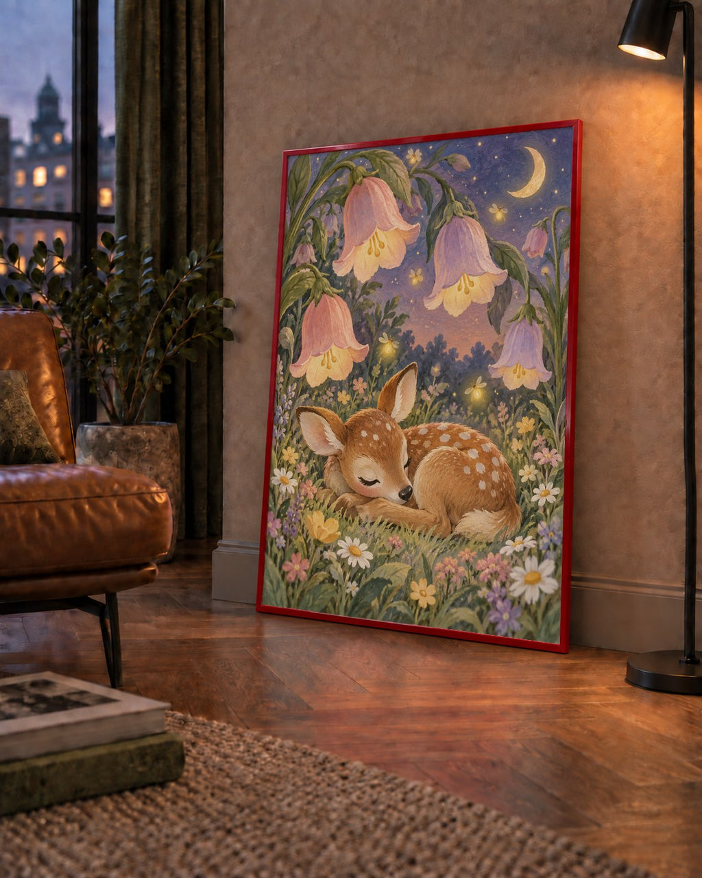 Çiçekler Arasında Uyuyan Geyik Yavrusu Poster — çerçeveli hâliyle bir ev duvarında