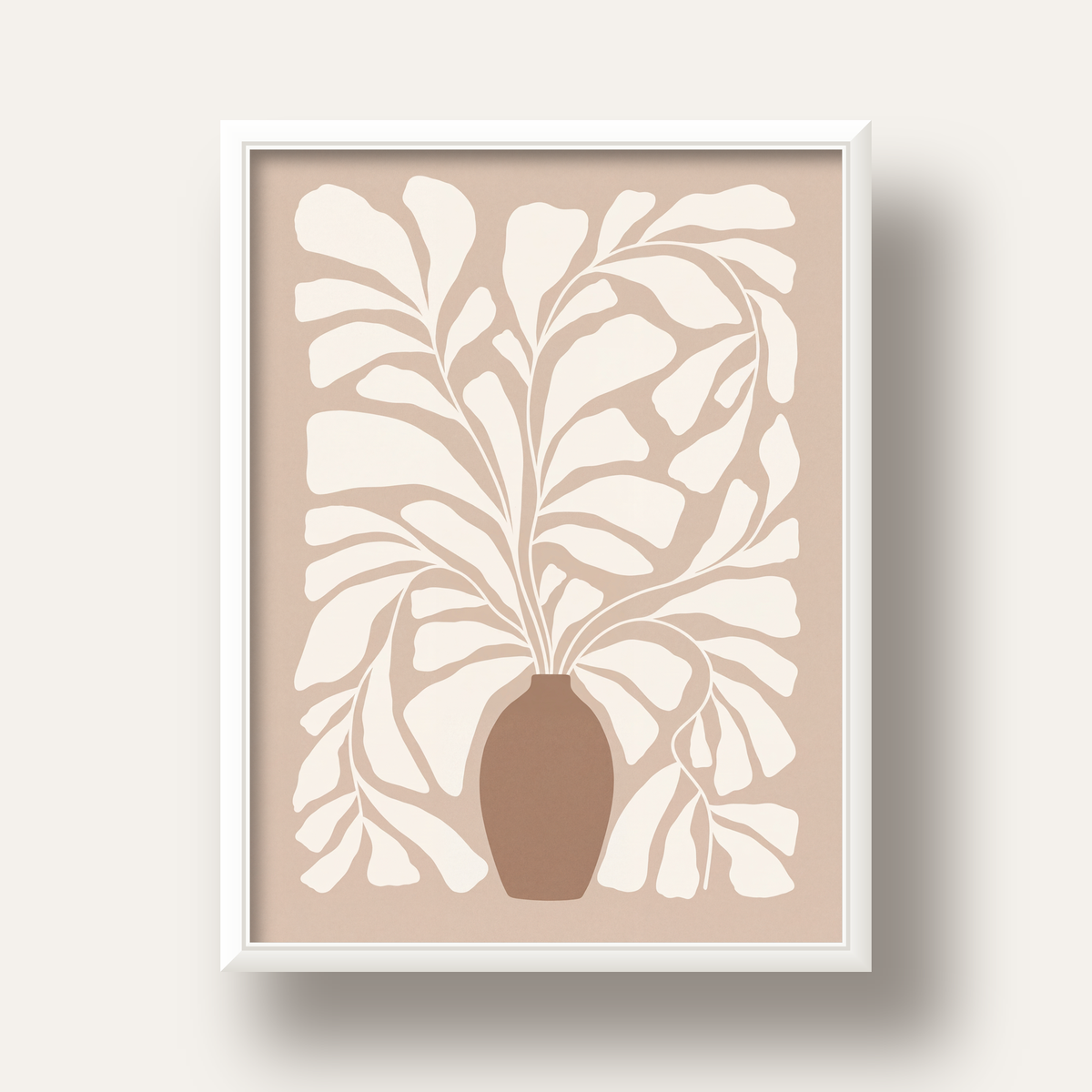 Bej Vazo ve Soyut Yapraklar Minimalist Poster Baskı — beyaz derin çerçeveli