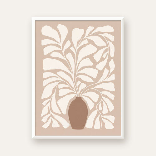 Bej Vazo ve Soyut Yapraklar Minimalist Poster Baskı — beyaz çerçeveli dikey poster