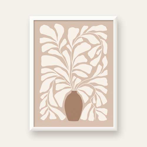 Bej Vazo ve Soyut Yapraklar Minimalist Poster Baskı — beyaz çerçeveli dikey poster
