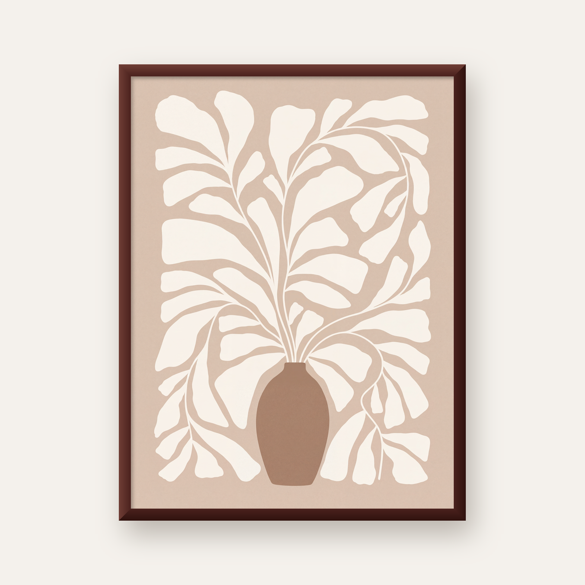 Bej Vazo ve Soyut Yapraklar Minimalist Poster Baskı — ceviz çerçeveli