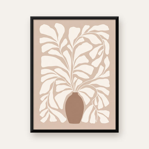 Bej Vazo ve Soyut Yapraklar Minimalist Poster Baskı — Dikey baskı, düz siyah çerçeveli duvar posteri
