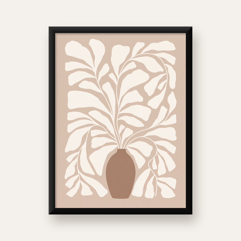 Bej Vazo ve Soyut Yapraklar Minimalist Poster Baskı — Dikey baskı, düz siyah çerçeveli duvar posteri