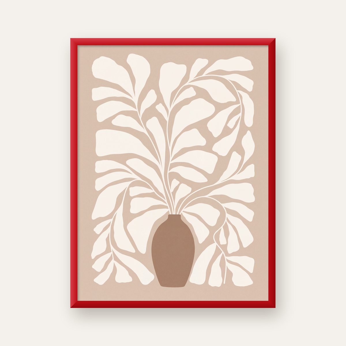 Bej Vazo ve Soyut Yapraklar Minimalist Poster Baskı — kırmızı çerçeveli