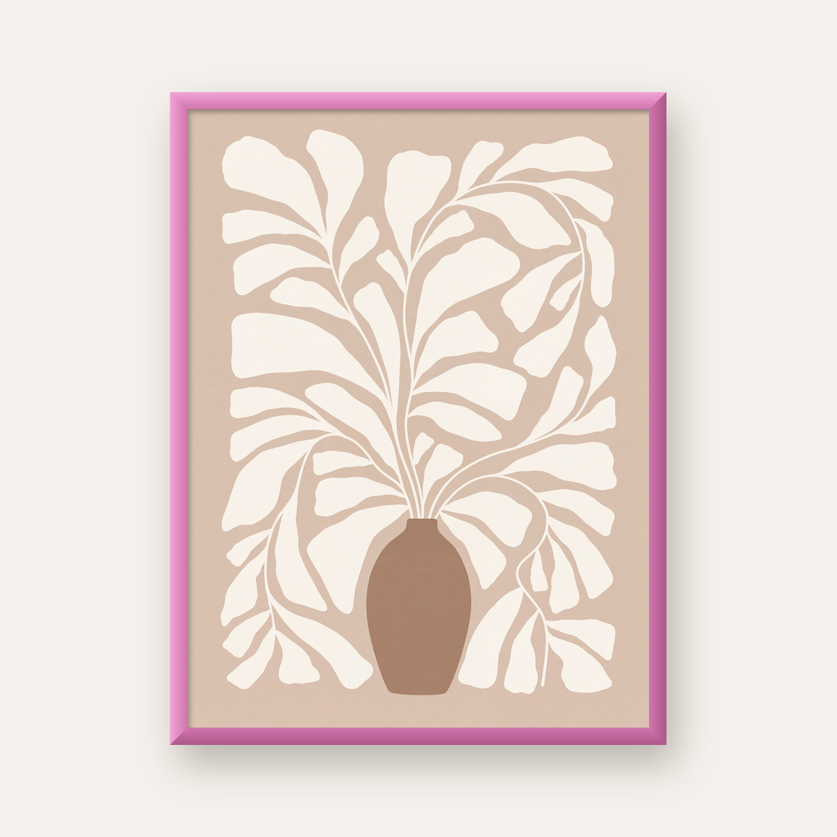 Bej Vazo ve Soyut Yapraklar Minimalist Poster Baskı — pembe çerçeveli
