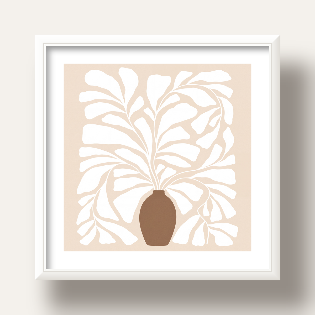 Bej Vazo ve Soyut Yapraklar Minimalist Poster Baskı — beyaz derin çerçeveli paspartulu