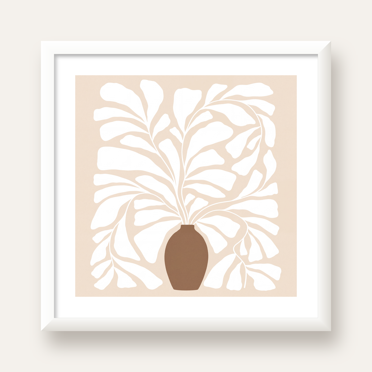 Bej Vazo ve Soyut Yapraklar Minimalist Poster Baskı — beyaz çerçeveli kare poster