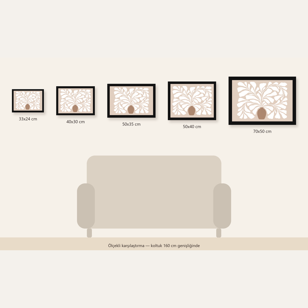 Bej Vazo ve Soyut Yapraklar Minimalist Poster Baskı — Yatay ölçülerinin karşılaştırması