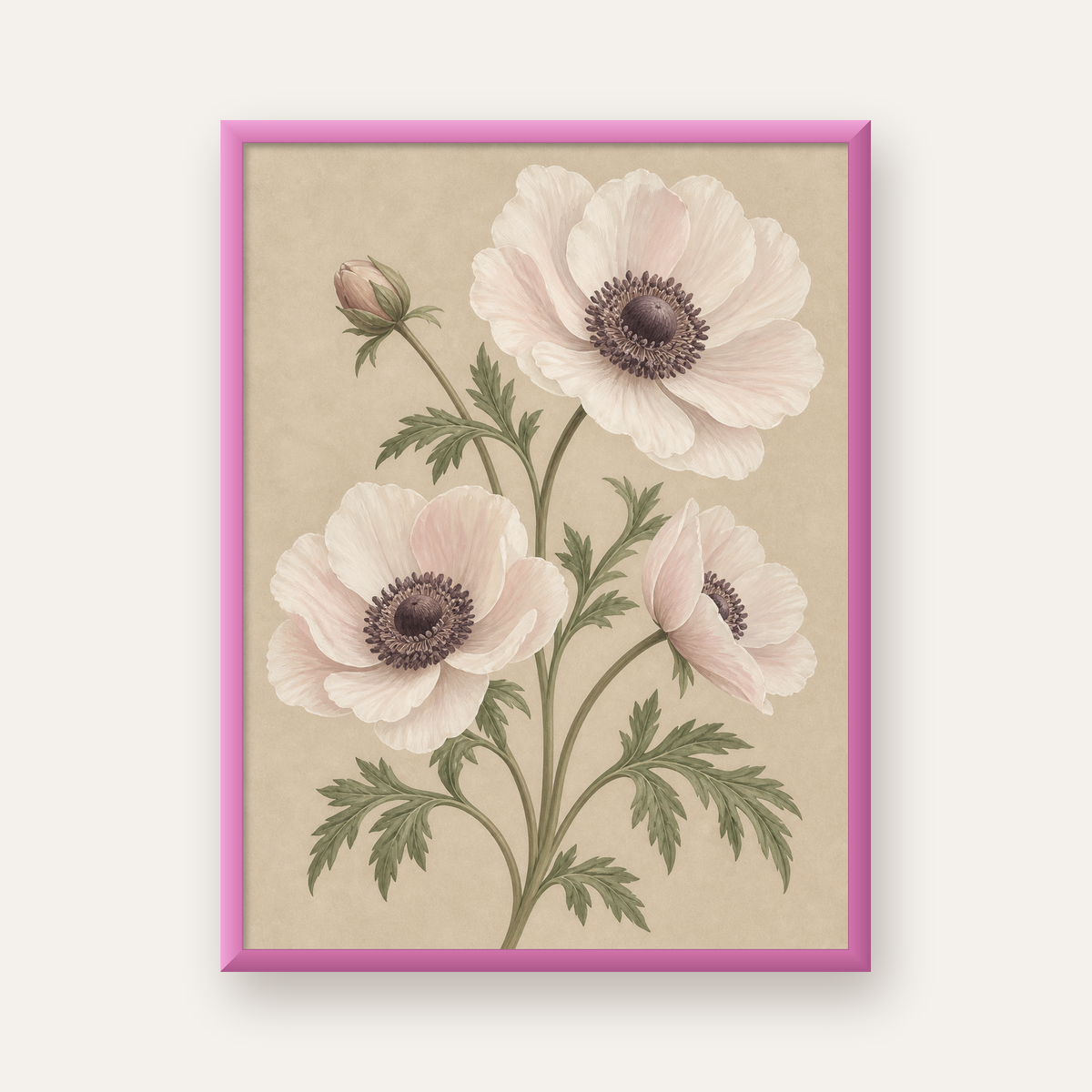 Beyaz Anemon Çiçekleri Suluboya Poster – Doğal Zarafet — pembe çerçeveli