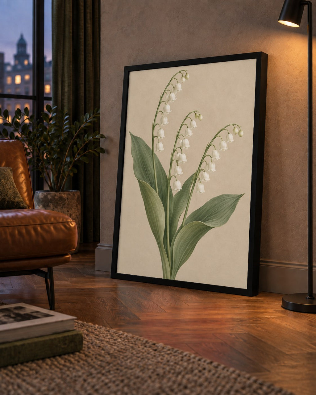Müge Çiçeği İllüstrasyon Poster – Doğal ve Zarif Sanat Baskısı — çerçeveli hâliyle bir ev duvarında