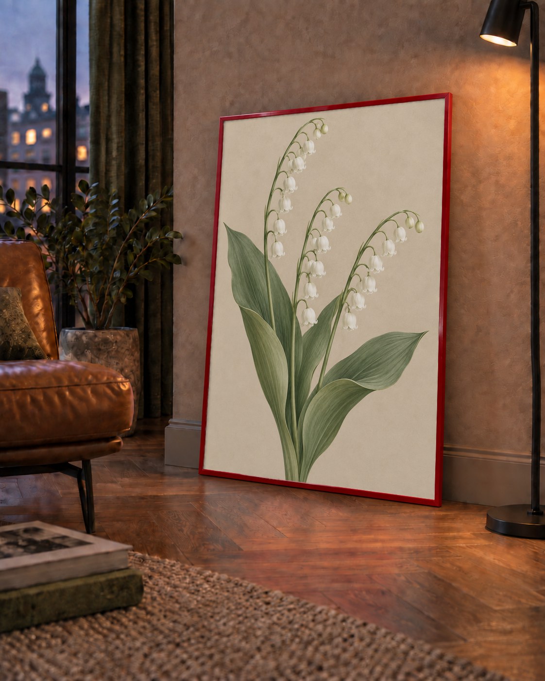 Müge Çiçeği İllüstrasyon Poster – Doğal ve Zarif Sanat Baskısı — çerçeveli hâliyle bir ev duvarında